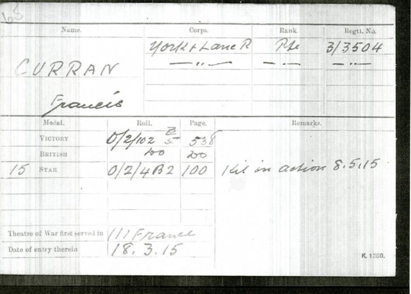 WW1 1914-15 Trio & Memorial Medal Plaque Group To Pte Francis Curran,1st Bn., York and Lancaster Regiment