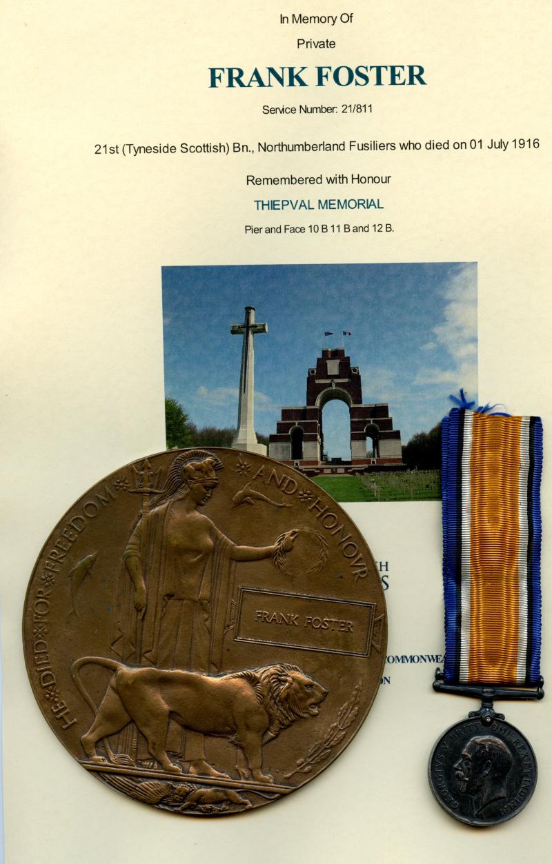 WW1 British War Medal 1914-18 & Memorial Plaque To Pte Frank Foster, 21st (Tyneside Scottish) Bn., Northumberland Fusiliers