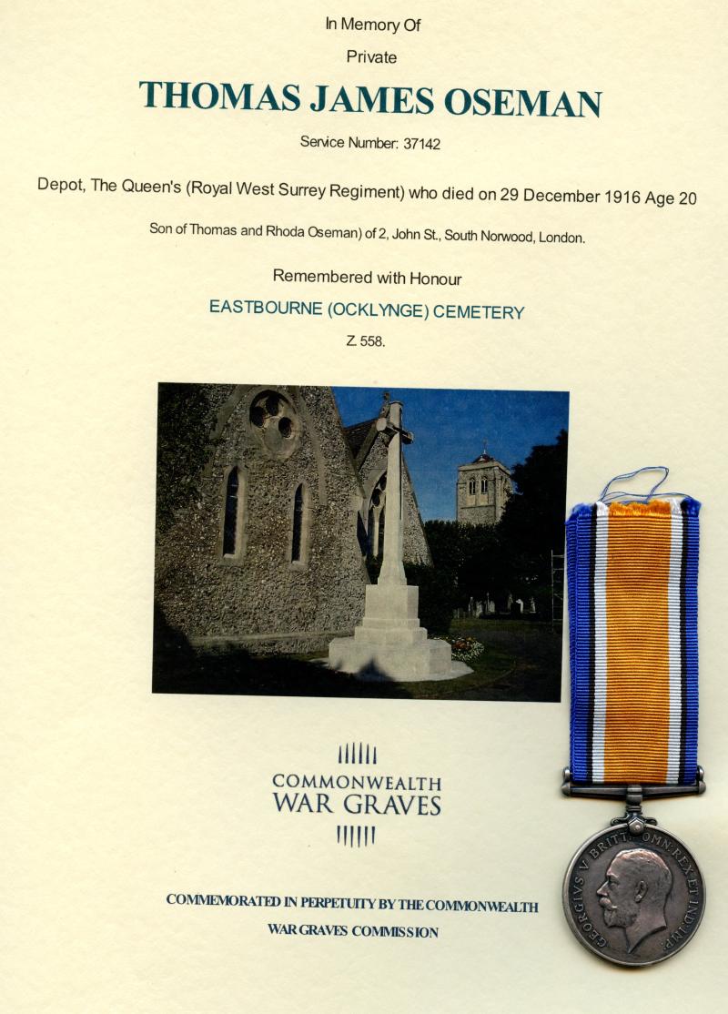 WW1 British War Medal 1914-18 To Pte Thomas James Oseman, The Queen's (Royal West Surrey Regiment)