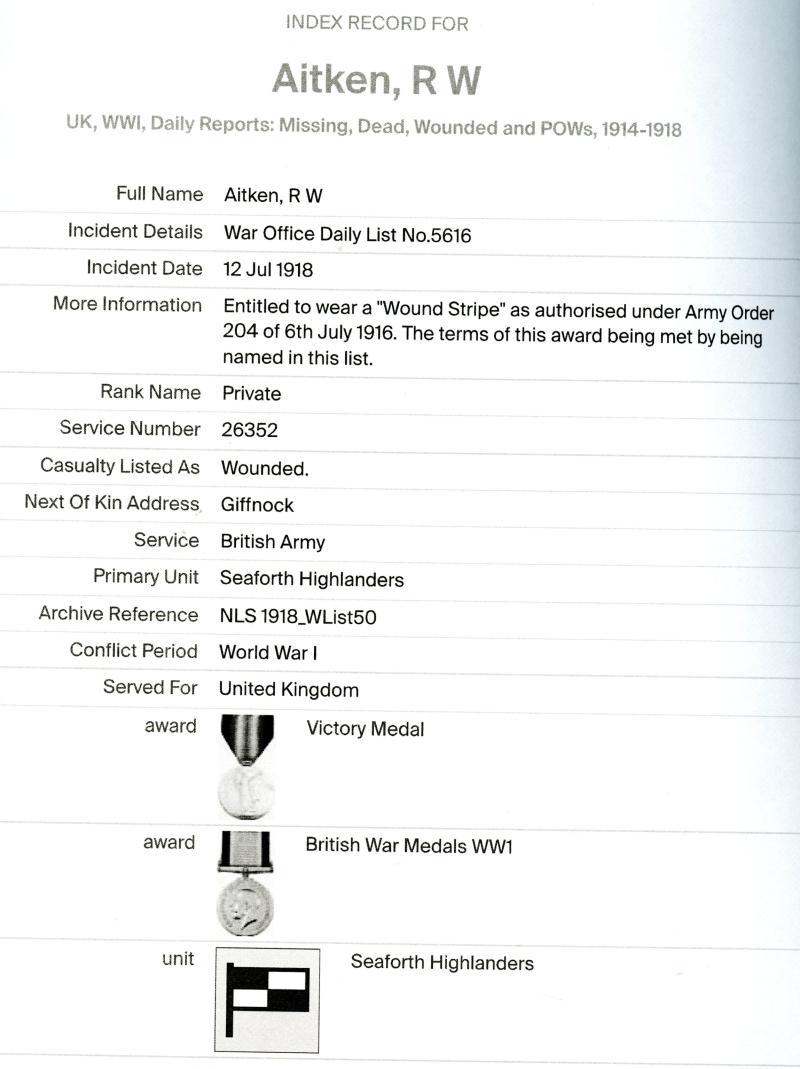 WW1 British War & Victory Medals Pair To Pte Robert W Aitken, Seaforth Highlanders ( From Giffnock Glasgow)