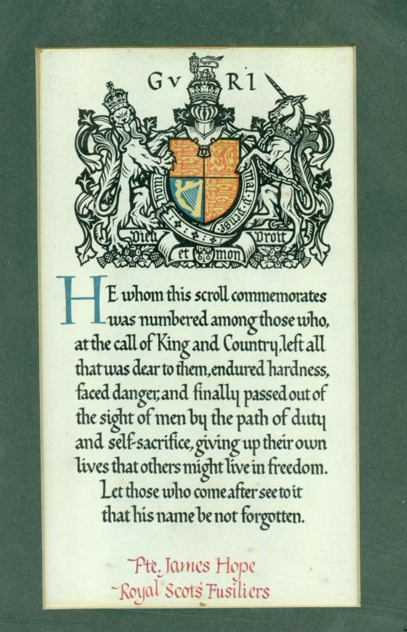 WW1 Memorial Plaque with Scroll & Buckingham Palace Scroll to Pte James Hope, 2nd Bn., Royal Scots Fusiliers