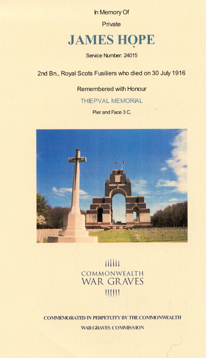 WW1 Memorial Plaque with Scroll & Buckingham Palace Scroll to Pte James Hope, 2nd Bn., Royal Scots Fusiliers