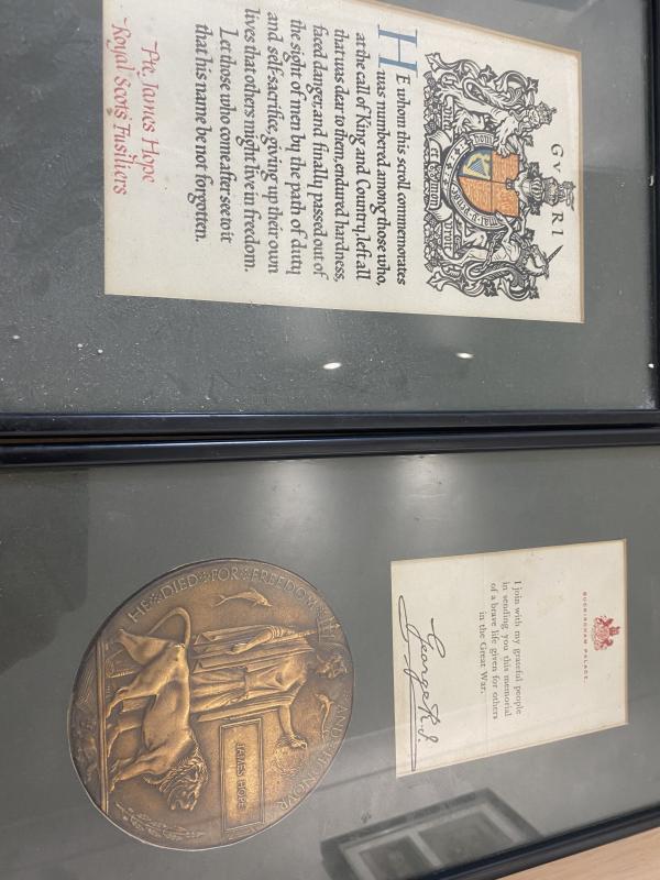 WW1 Memorial Plaque with Scroll & Buckingham Palace Scroll to Pte James Hope, 2nd Bn., Royal Scots Fusiliers