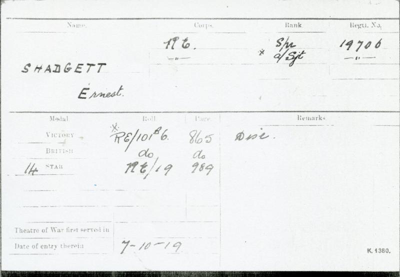 WW1 1914 Mons Star To Pte Ernest Shadgett, Royal Engineers