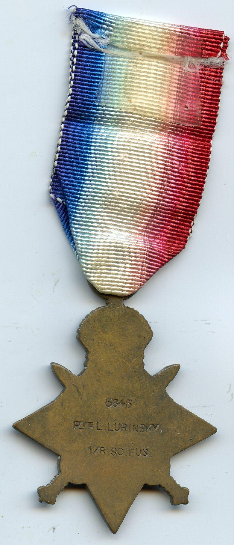 WW1 1914 Mons Star To Pte Lewis Lurinskey, 1st Bn., Royal Scots Fusiliers