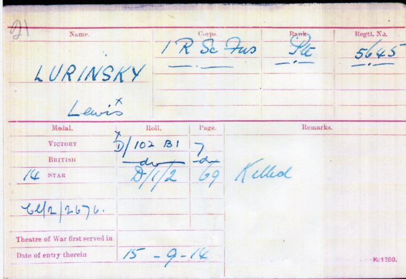 WW1 1914 Mons Star To Pte Lewis Lurinskey, 1st Bn., Royal Scots Fusiliers