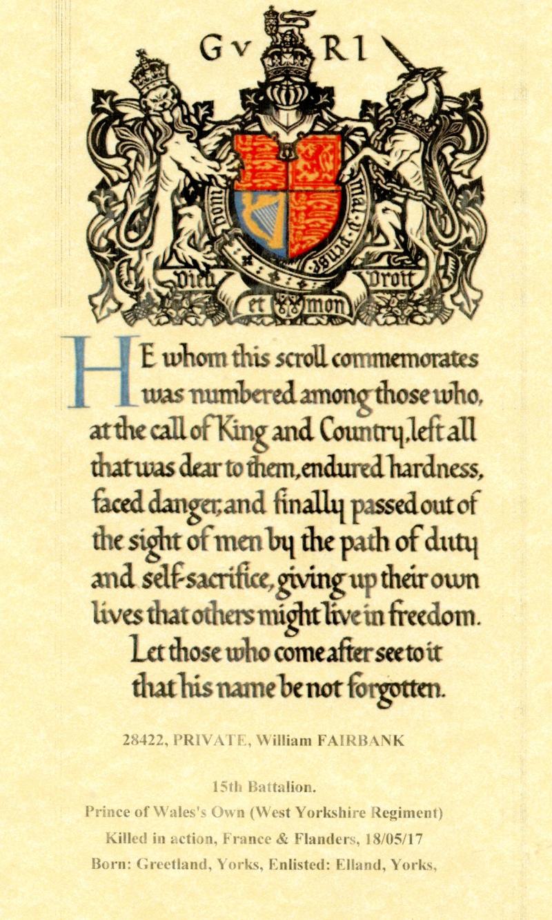 WW1 Memorial Plaque To William Fairbank 15th Bn., West Yorkshire Regiment