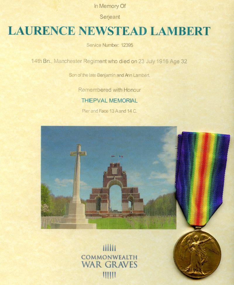WW1 Victory Medal 1914-1919 To Sergeant Laurence Newstead Lambert,19th (Service) Battalion Manchester Regiment