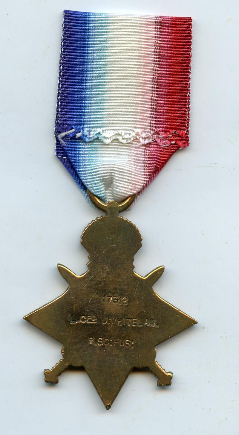 WW1 1914-15 Star Medal To Pte John Whitelaw, 1st Bn., Royal Scots Fusiliers
