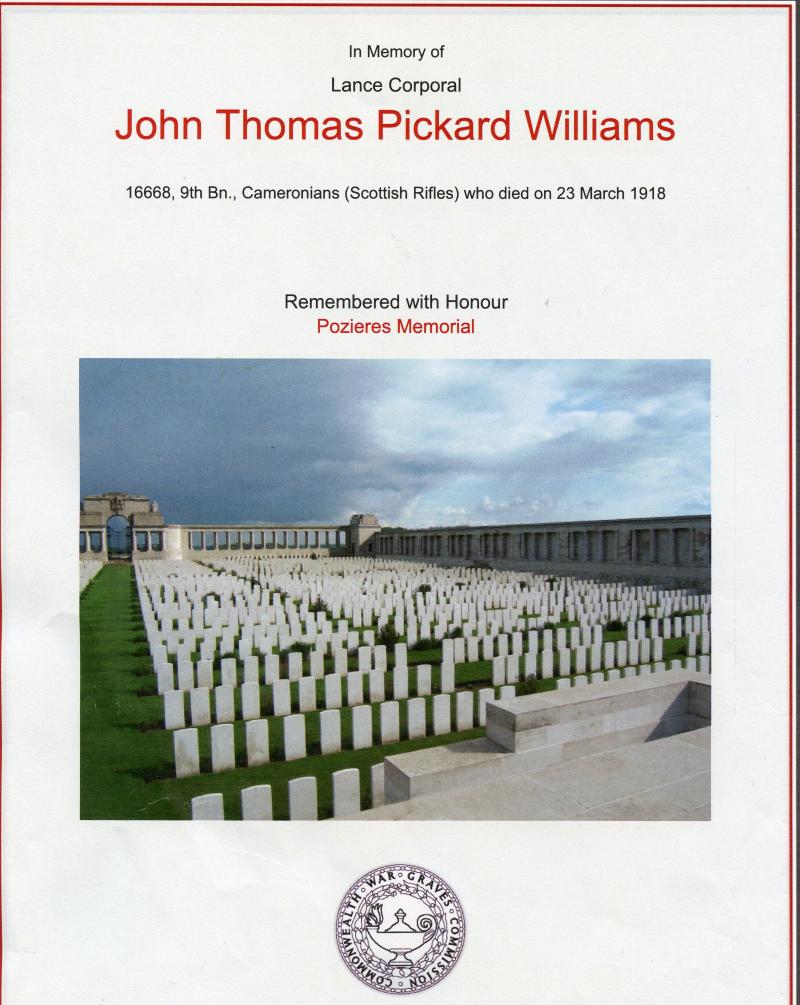 WW1 1914-15 Trio & Memorial Plaque To Trio Medals To L/Cpl John Thomas Pickard Williams, 9th ,Cameronians (Scottish Rifles)