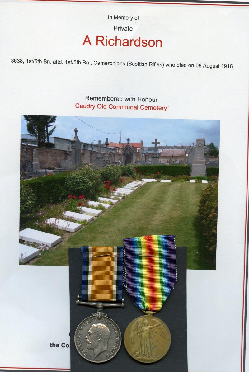 WW1 British War & Victory Medals Pair To Pte Archibald Richardson Cameronians (Scottish Rifles)
