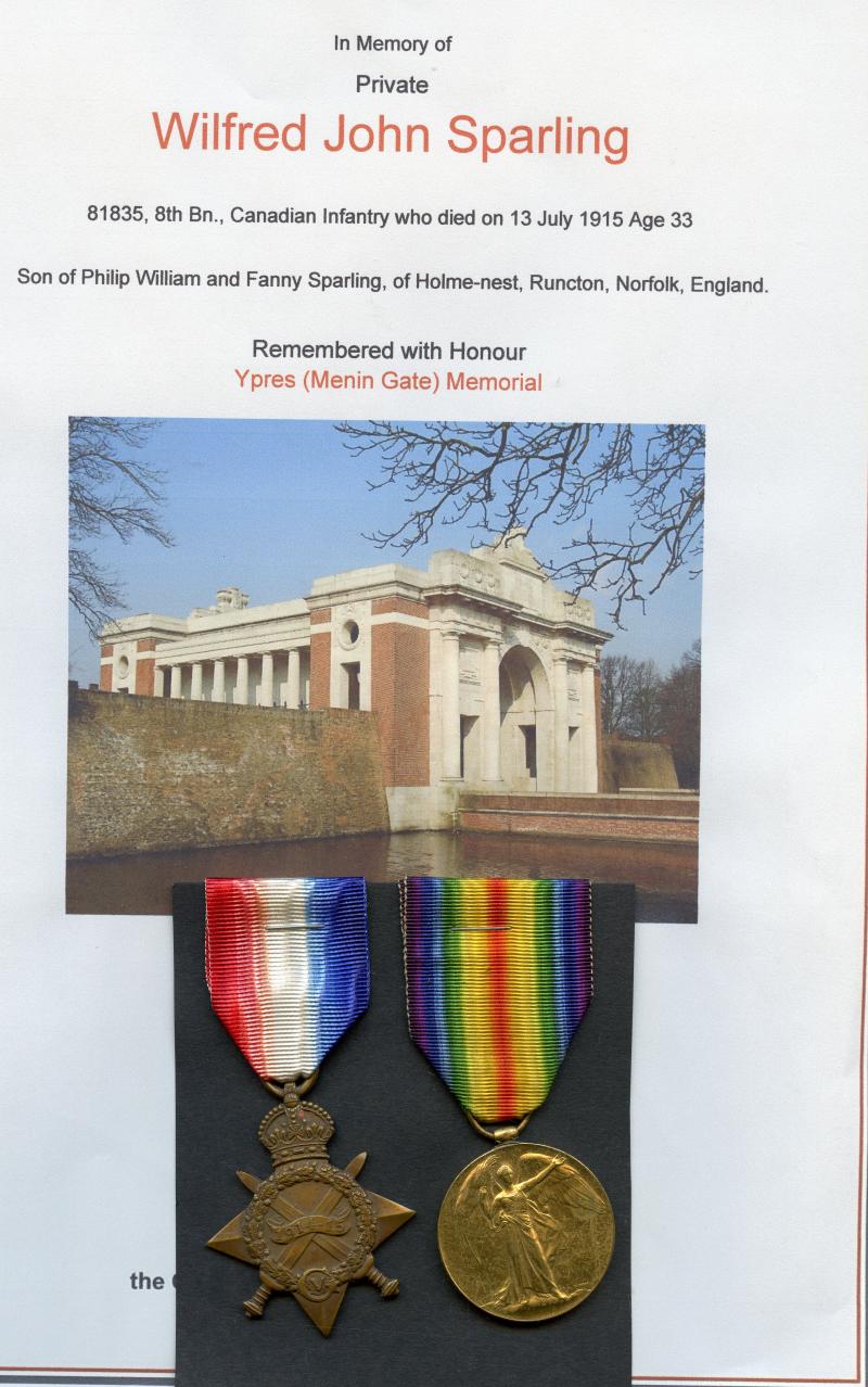 WW1 1914-15 Star & Victory Medal To Pte Wilfred John Sparling, 8th Bn., Canadian Infantry (90th Winnipeg Rifles)