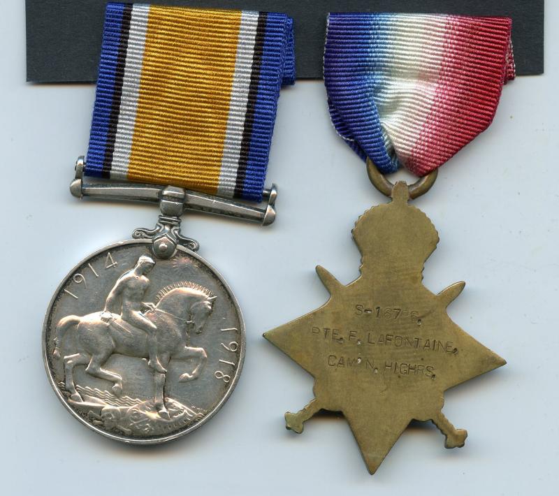 WW1 1914-15 Star & British war Medal To Pte Fernand Lafontaine, 7th Bn., Cameron Highlanders
