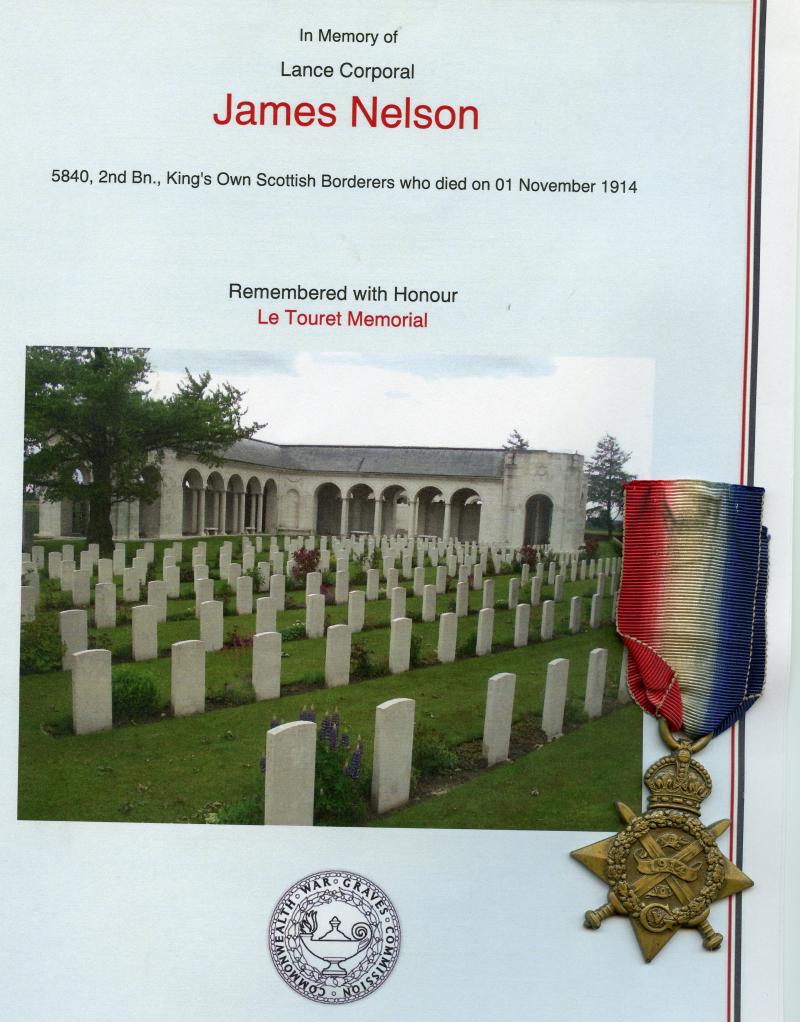WW1 1914 Casualty 1914 Mons Star To Lance Corporal James Nelson 2nd Bn., King's Own Scottish Borderers